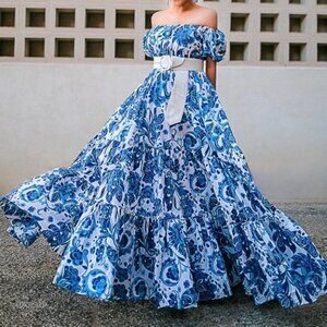 Caroline Constas Bardot Maxi Dress Blue Floral Puff Sleeves Size Small Ruffle S